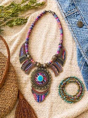 Boho Statement Necklace Tribal Pendant Multicolor